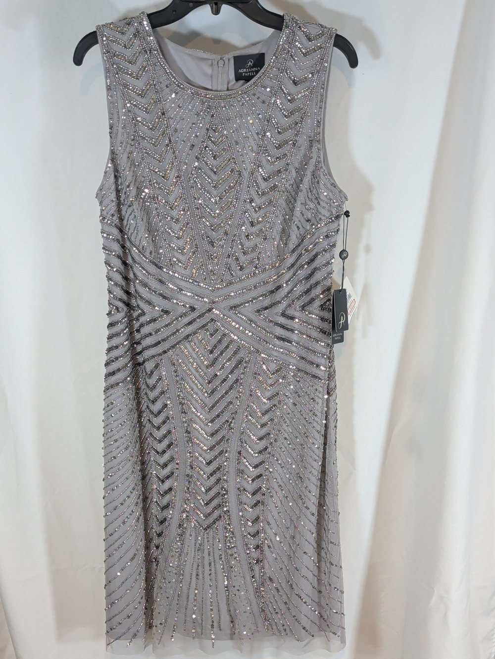 Adrianna Papell Silver Beaded Sleeveless Midi Dress